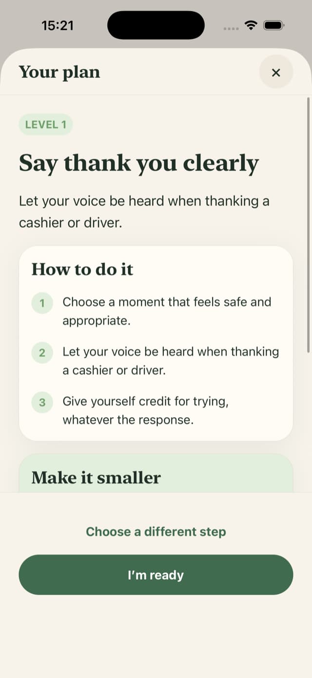 A challenge plan in GrowBold titled Say thank you clearly, with three simple steps and a Make it smaller option