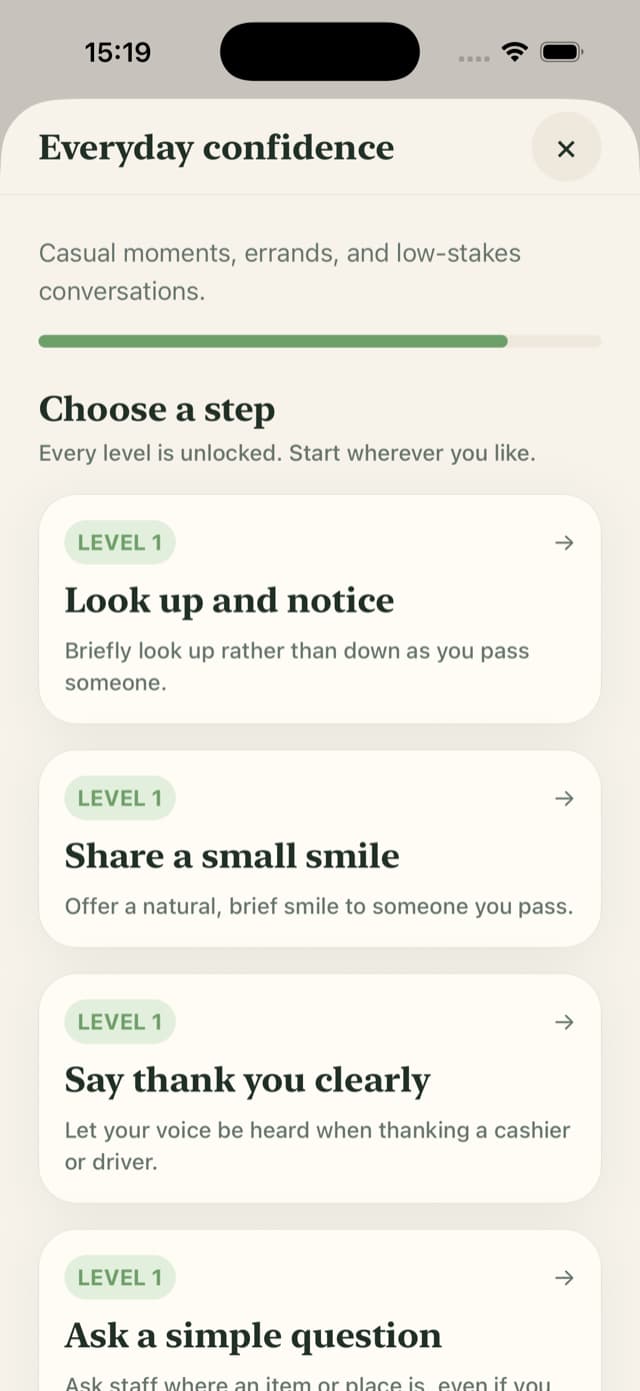 The Everyday confidence area in GrowBold, showing a list of small challenges like sharing a smile and saying thank you clearly